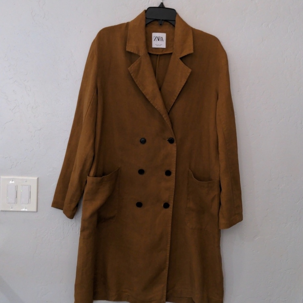 ZARA BROWN LINEN DOUBLE BREASTED DRESS